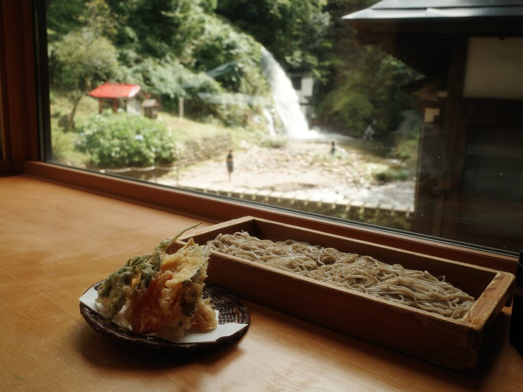 そば処 瀧見亭から見える白銀の滝とそばと天ぷら